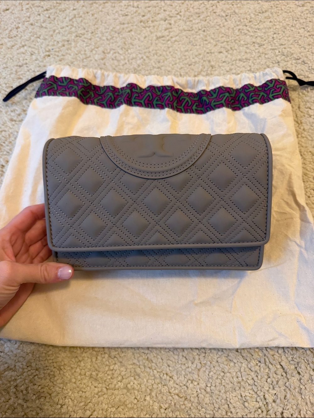 Tory Burch Quilted Chain Crossbody in Gray